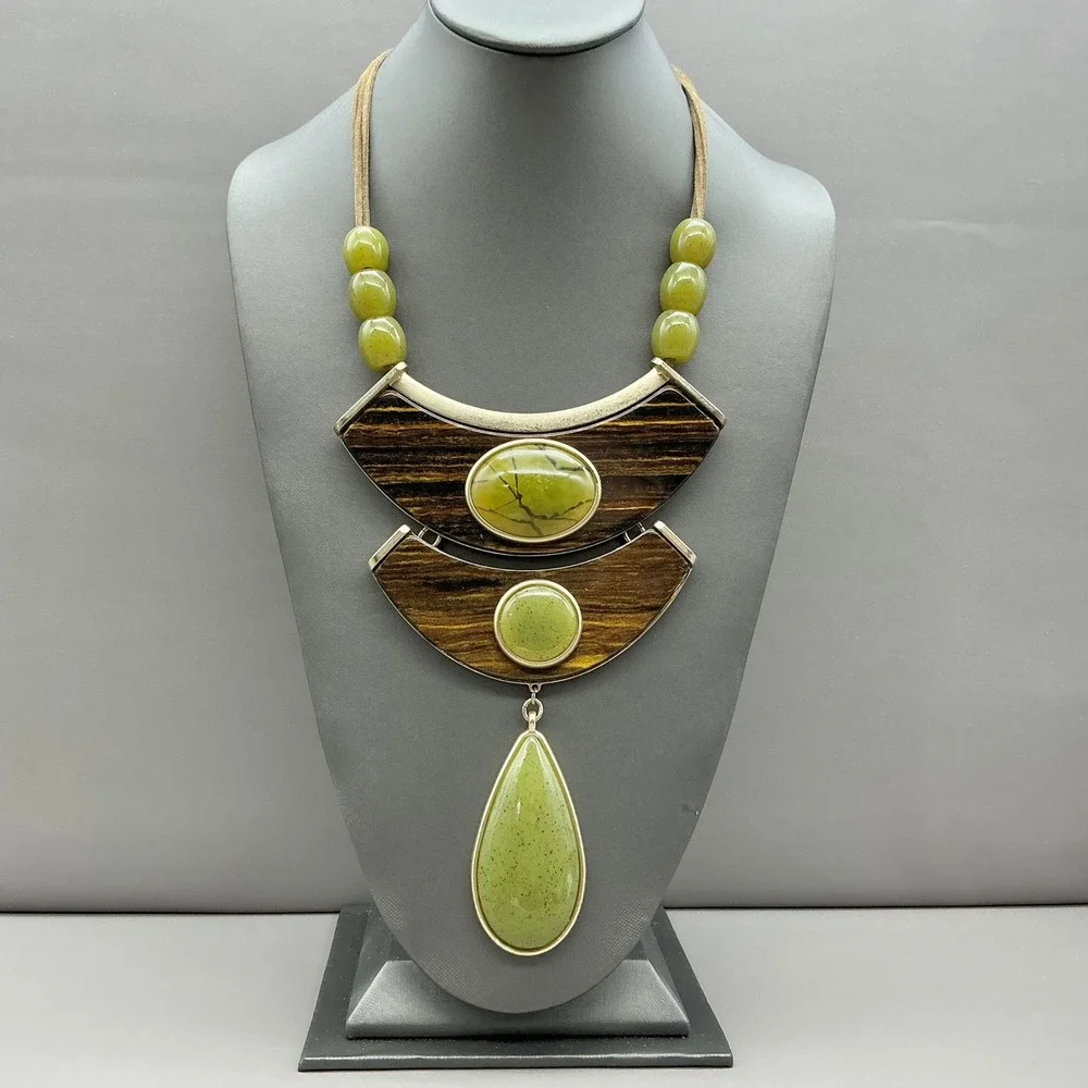 Chico's Necklace Green Brown Bib Statement Faux Suede Gold Tone Teardrop Boho